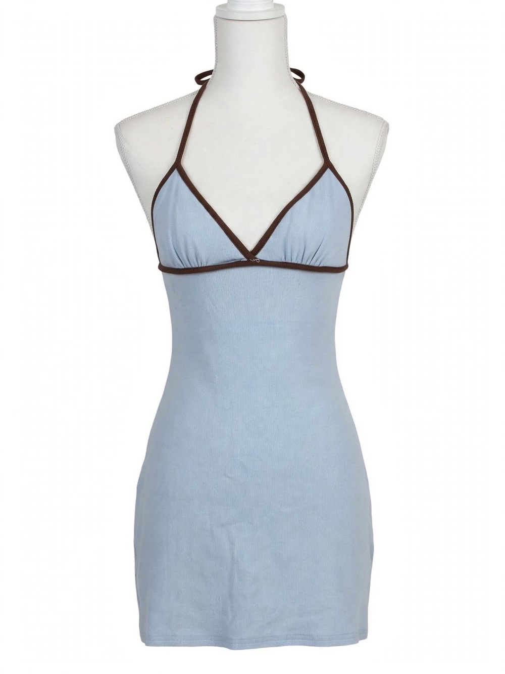 Princess Polly Pale Blue Halter Slip Dress with Brown Trim